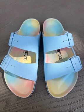Birkenstock Light Blue Double-Strap Sandals with Pastel Tie-Dye Footbed